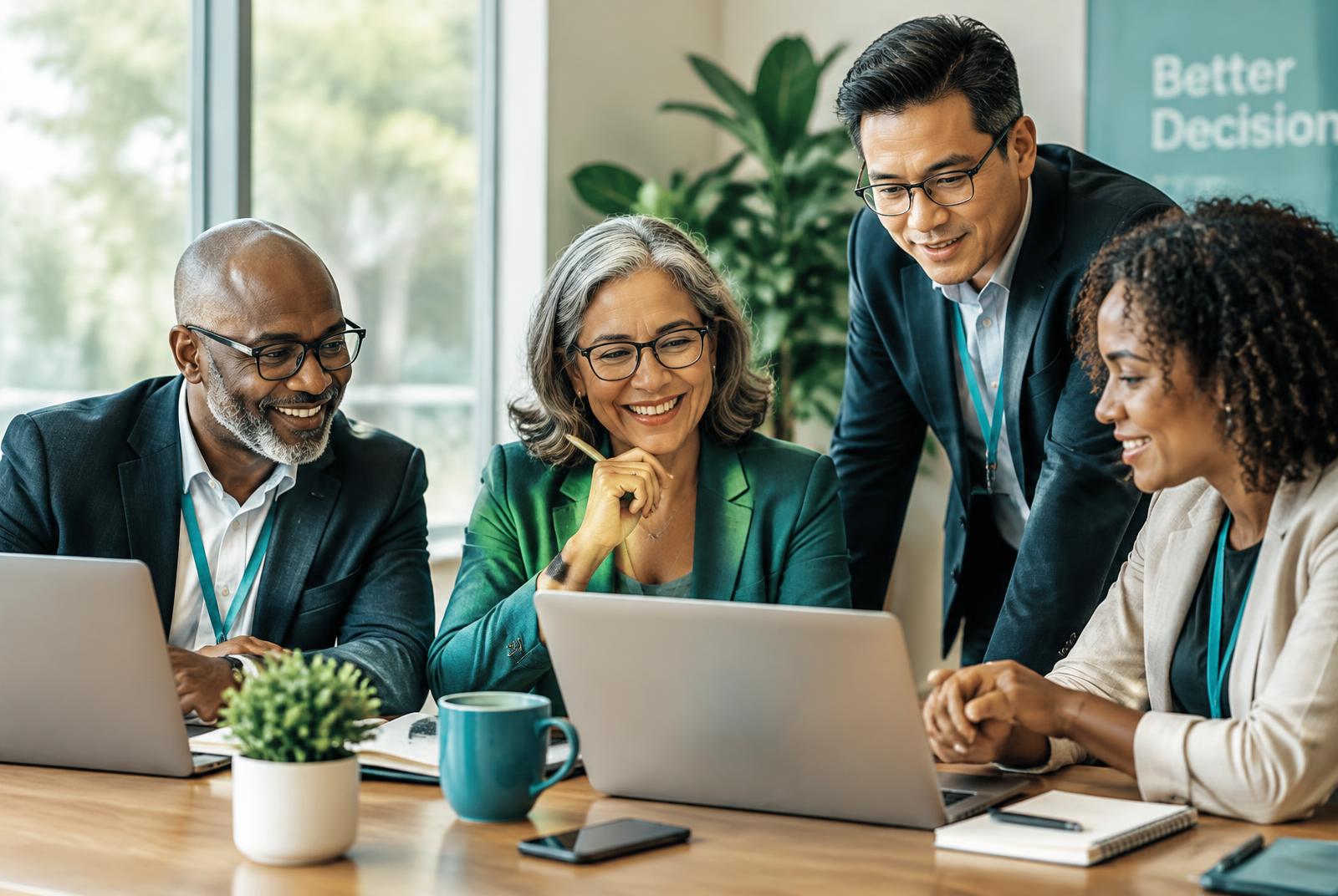 Funeral professionals collaborating around a laptop